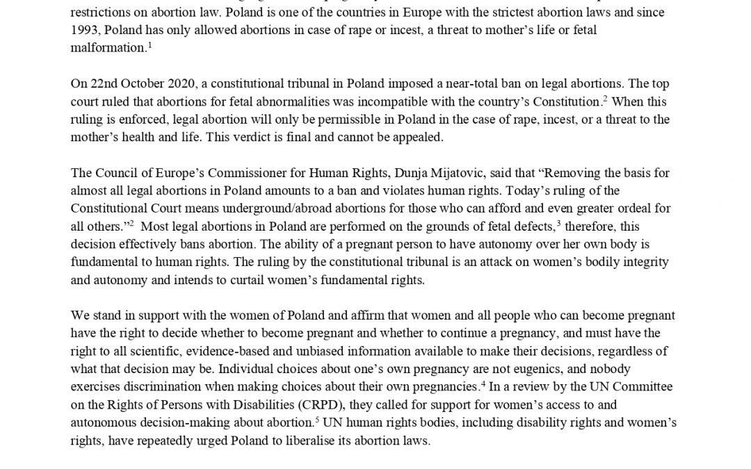 Statement condemning Poland’s constitutional tribunal’s ruling to reject abortion due to fetal defects