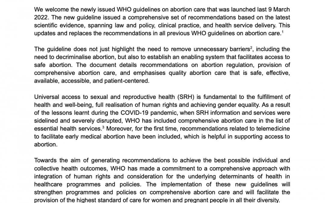 SAIGE welcomes the new WHO guidelines on abortion care