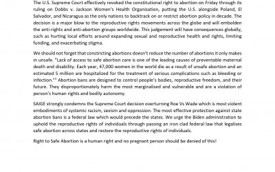 SAIGE Statement on Condemning US Supreme Court decision overturning the landmark 1973 Roe v. Wade judgment that legalised abortion in the US