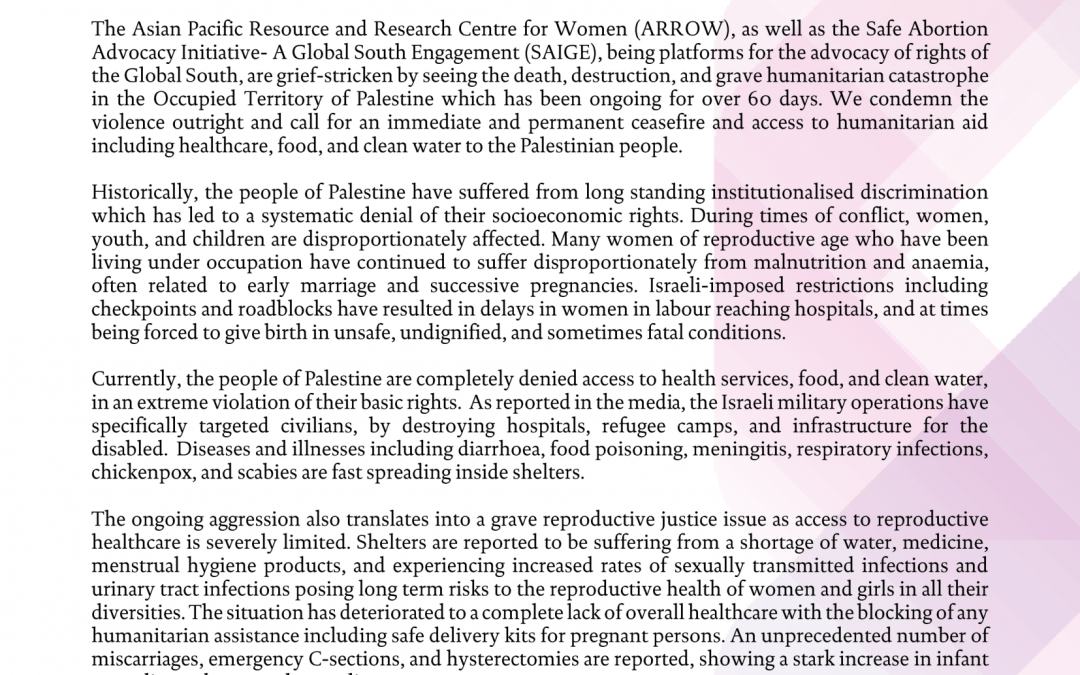Statement on the ongoing Aggression and Violence in Palestine